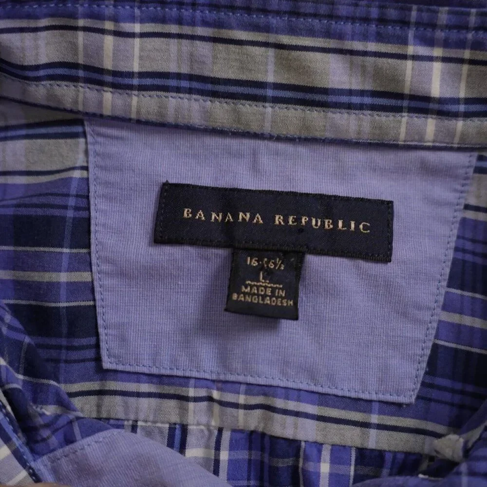 Banana Republic Blue‎ Plaid Pocket Collared Button Down Large 16-16.5 Cotton